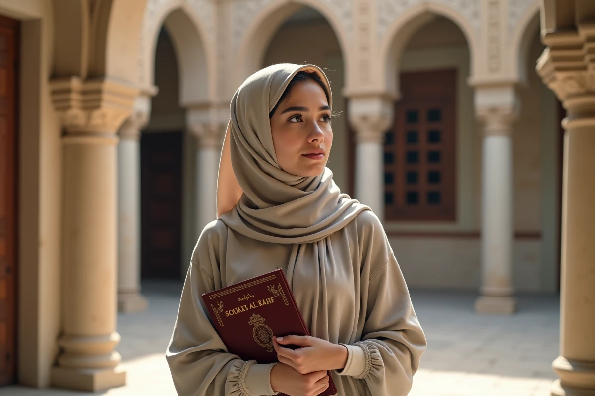Jeune femme nord-africaine dans une cour historique avec Sourate Al Kahf
