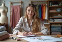 Jeune femme dessinant des motifs textiles dans un atelier lumineux