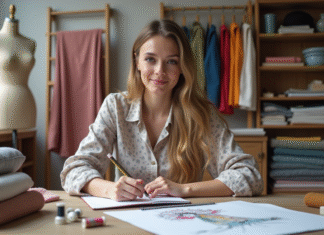 Devenir designer textile : formation, compétences et débouchés Jeune femme dessinant des motifs textiles dans un atelier lumineux
