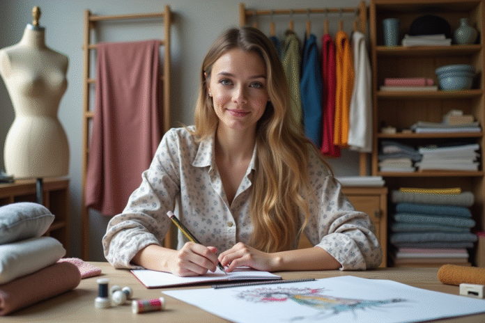 jeune-femme-dessin-textile Jeune femme dessinant des motifs textiles dans un atelier lumineux