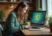 Jeune femme avec plush vert et ordinateur dofus