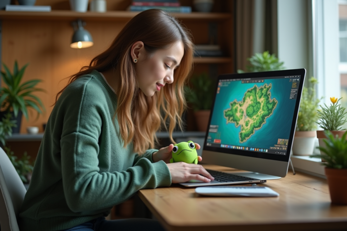 Jeune femme avec plush vert et ordinateur dofus