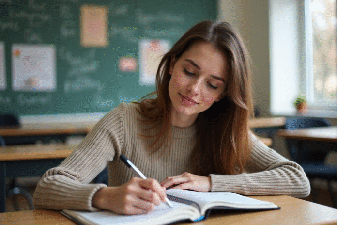Jeune femme en étude dans une salle moderne