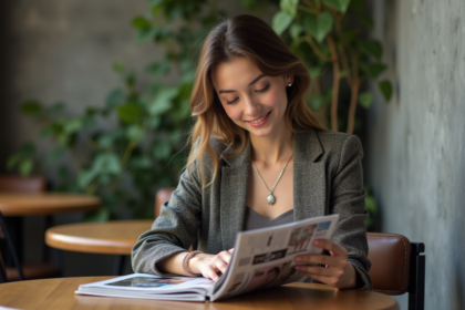 Jeune femme stylée lisant un magazine mode dans un café