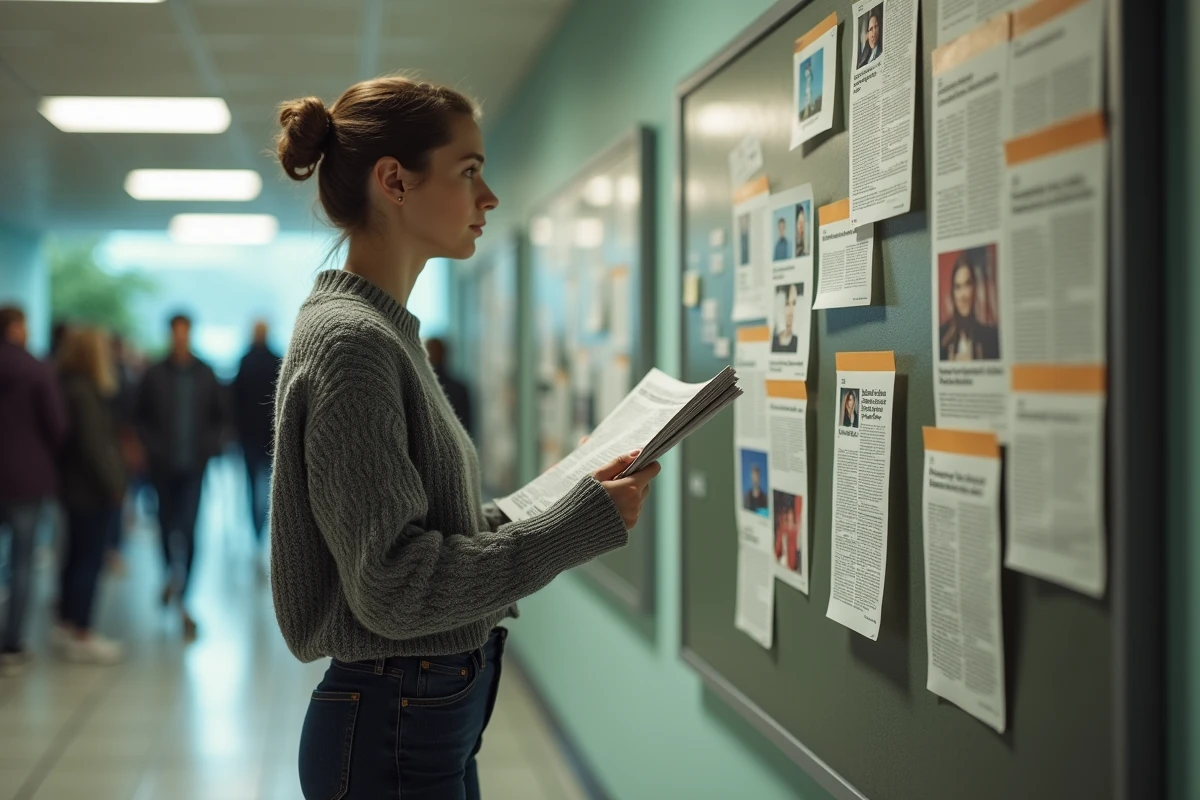 Jeune femme consultant un panneau d'affichage politique dans un espace public en France
