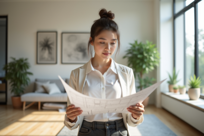 Jeune femme examine un plan d appartement lumineux