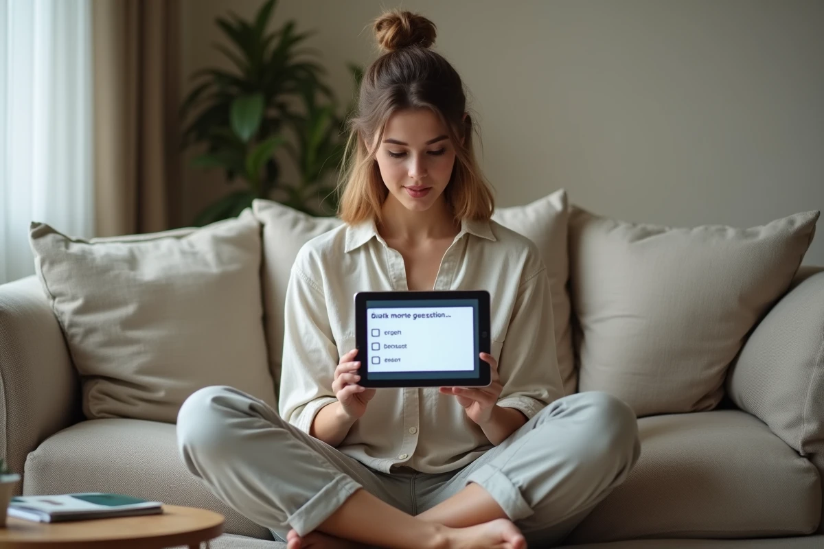 Jeune femme assise en tailleur sur un canapé et répondant à un quiz archange sur une tablette numérique dans un salon cosy