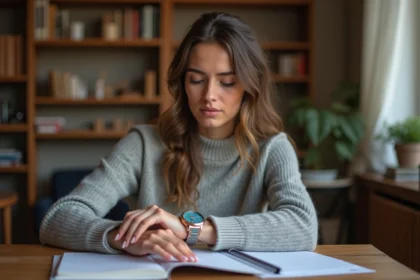 Jeune femme regardant sa montre dans un appartement cosy