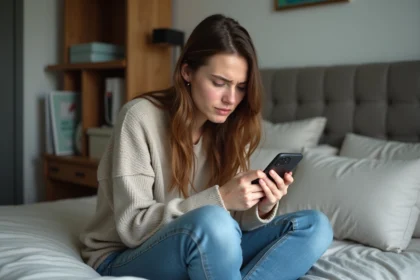 Jeune femme assise sur un lit avec smartphone dans une chambre moderne