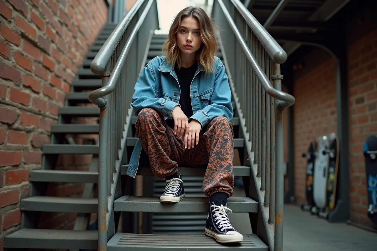 Jeune femme en streetwear assise dans un lieu industriel
