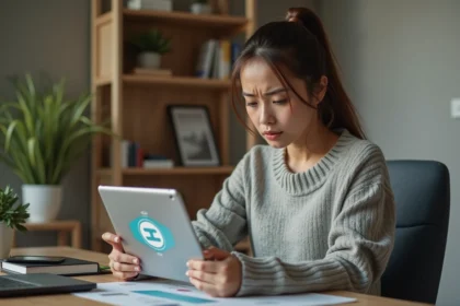 Jeune femme perplexe avec tablette Monopoly Magnate Club