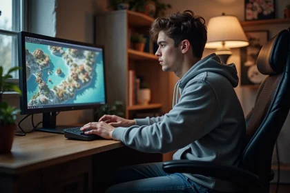 Jeune homme concentré jouant à Dofus sur son ordinateur