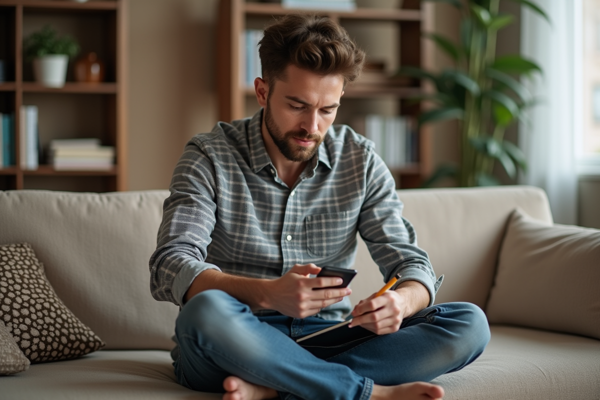 Jeune homme assis sur un canapé prenant des notes avec son smartphone