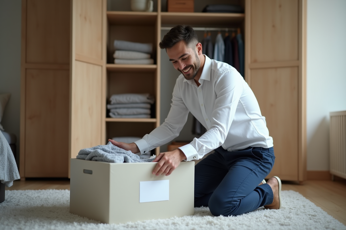 Jeune homme triant des vêtements dans un placard