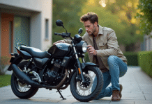 Combien coûte une bouteille de 50 cl pour entretenir votre moto 50cc homologuée ? Jeune homme verse du carburant dans une moto 50cc en extérieur