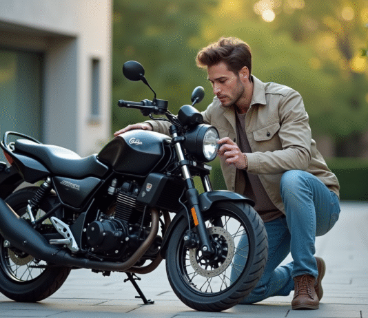 Combien coûte une bouteille de 50 cl pour entretenir votre moto 50cc homologuée ? Jeune homme verse du carburant dans une moto 50cc en extérieur