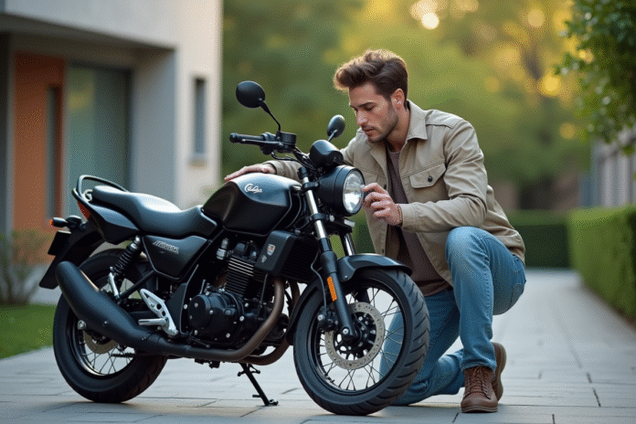 Jeune homme verse du carburant dans une moto 50cc en extérieur