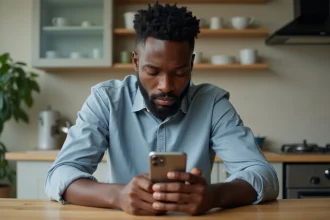 Jeune homme africain examine son smartphone dans une cuisine moderne