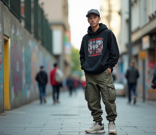 Jeune homme en streetwear urbain dans la rue