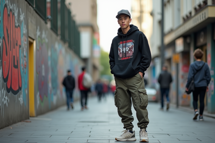 jeune-homme-streetwear-ville Jeune homme en streetwear urbain dans la rue