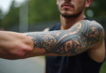 Bras d'un jeune homme avec tatouage géométrique détaillé en extérieur