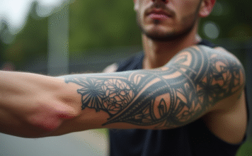 Les dernières tendances de tatouage sur le bras d’homme Bras d'un jeune homme avec tatouage géométrique détaillé en extérieur