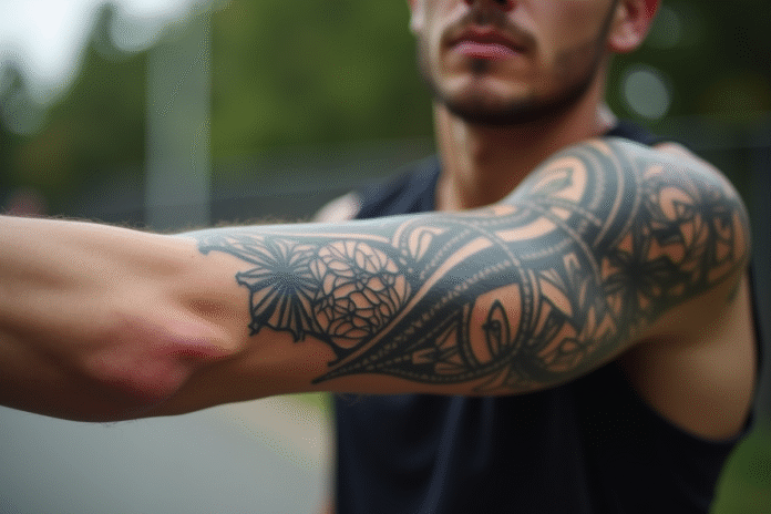 Bras d'un jeune homme avec tatouage géométrique détaillé en extérieur
