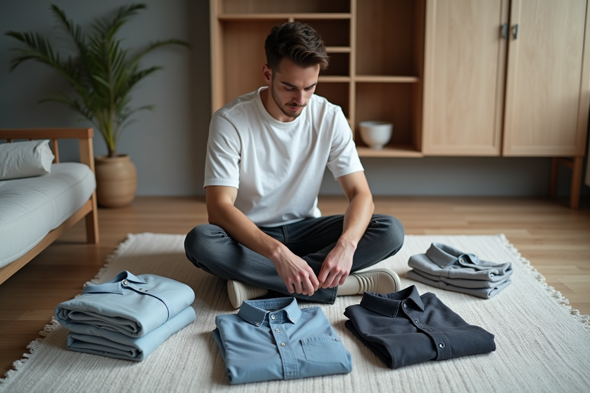 Jeune homme triant ses vêtements dans un intérieur minimaliste