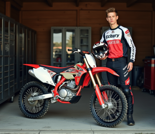 Quel est le coût des motocross 150cc pour les néophytes ? Jeune homme en motocross avec moto dans un garage