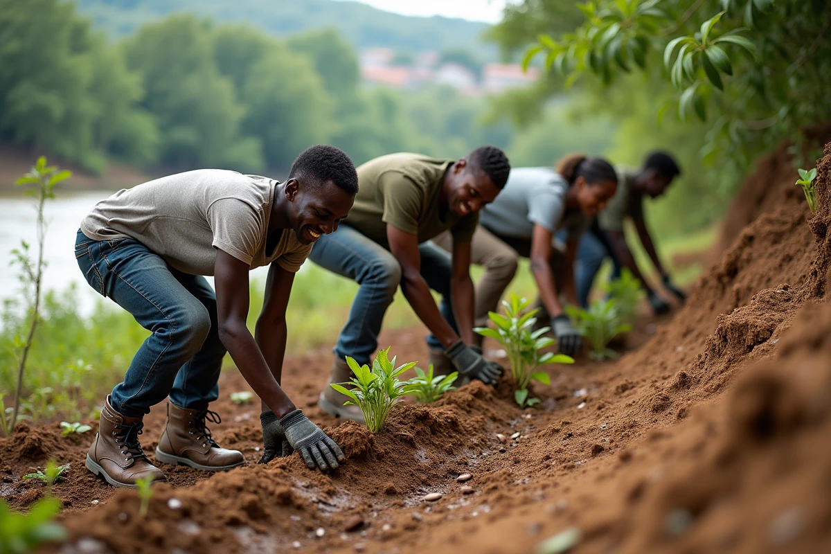Jeunes africains plantant des arbres le long d