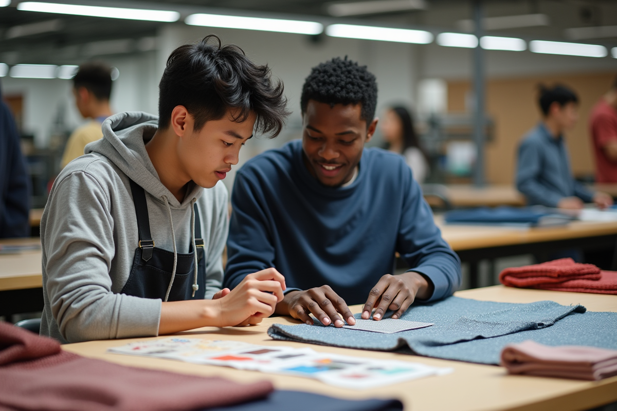 Deux étudiants en textile discutent de motifs dans un atelier créatif