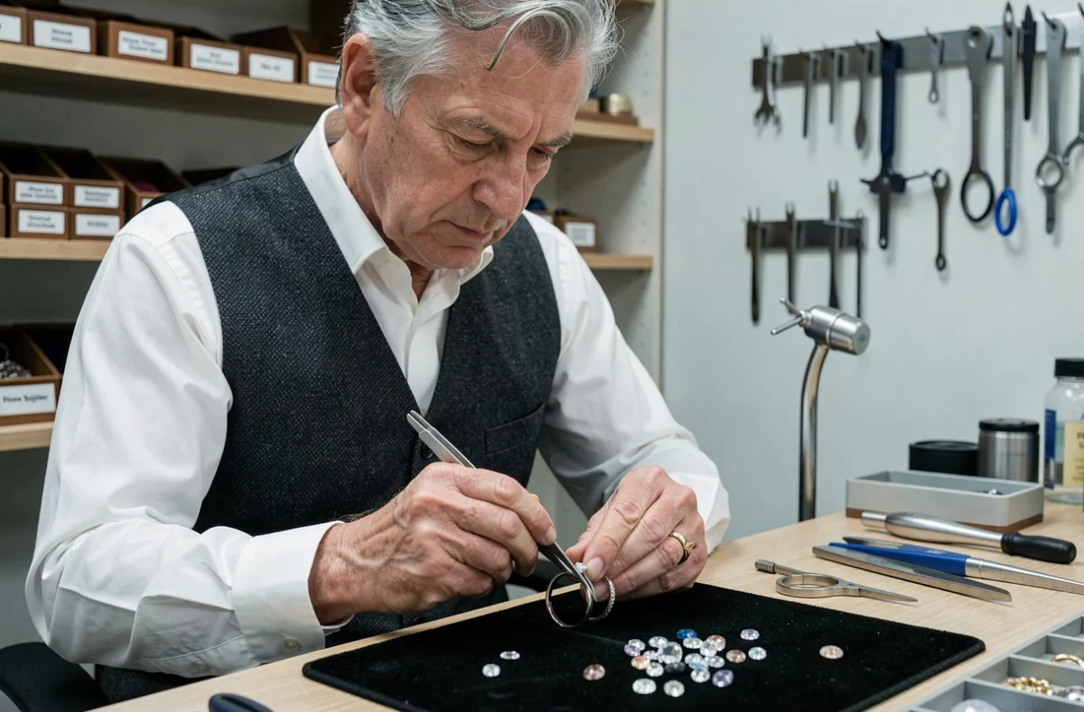 Le joaillier Jacques Matta sertissant un diamant dans un anneau en platine dans son atelier