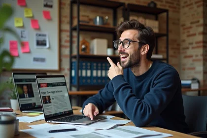Journaliste français souriant devant des pages de sites parodiques dans une rédaction parisienne