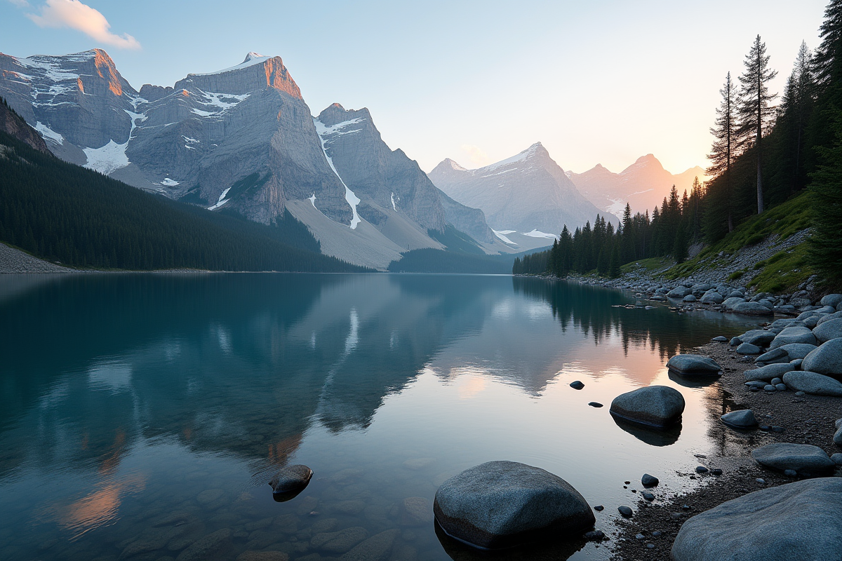 Lac alpin tranquille refletant des sommets enneiges au coucher du soleil
