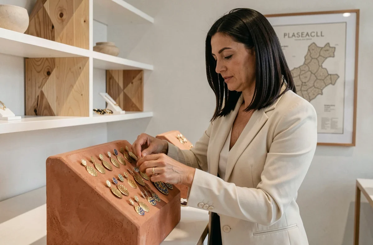 Employée de Larroutis disposant des boucles d'oreilles en or et émail sur un présentoir dans la boutique