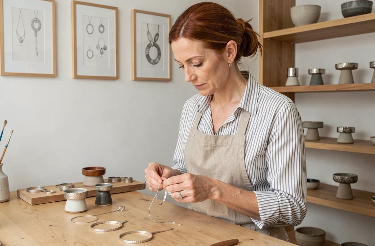 Laurence Fleury façonnant un bracelet en argent dans son atelier de création de bijoux artisanaux