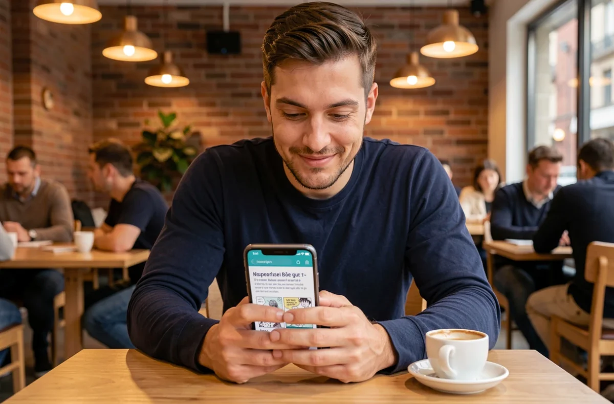 Homme lisant un scan manga en français sur smartphone dans un café urbain