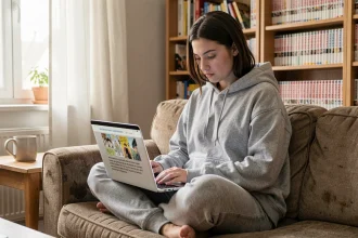 Jeune femme lisant un scan manga en français sur un ordinateur portable dans un salon cosy
