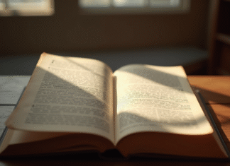 Livre ancien de droit ouvert sur un bureau en lumière naturelle