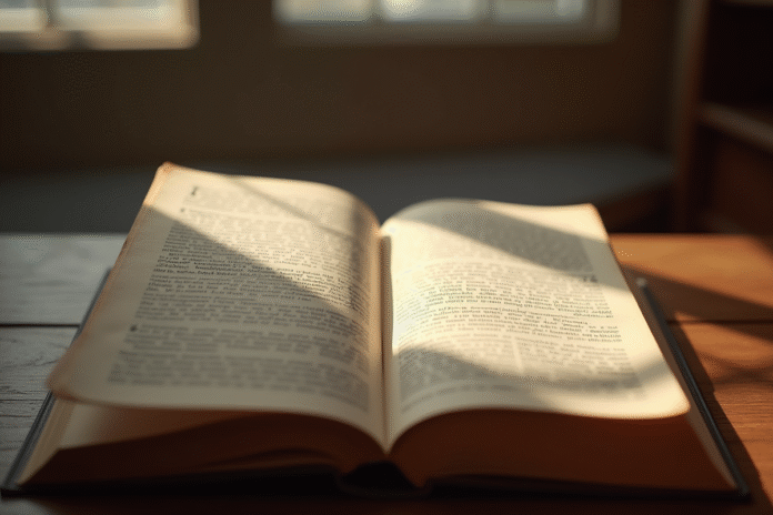 Livre ancien de droit ouvert sur un bureau en lumière naturelle