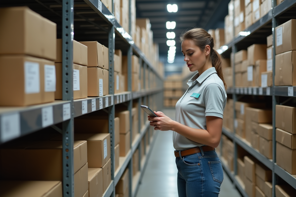 Employe de logistique enregistrant des colis dans un entrepôt