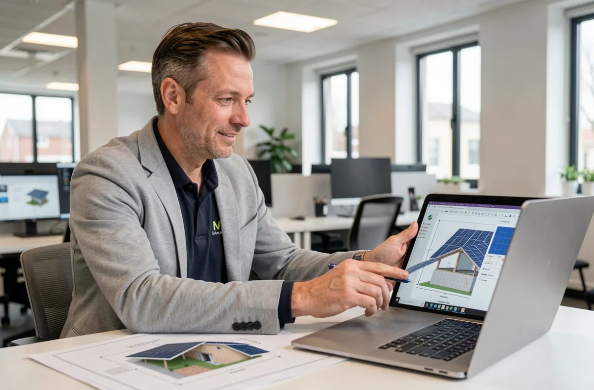 Consultant de MA Solution Energy analysant des plans d'installation solaire dans un bureau moderne à Tours