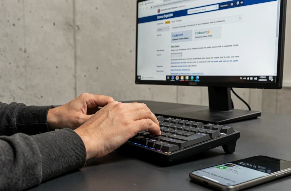 Mains tapant sur un clavier avec un écran affichant des bannières de consentement aux cookies et politique de confidentialité