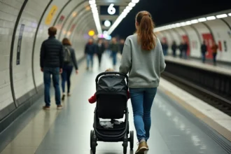 Jeune maman poussant une poussette dans le métro parisien