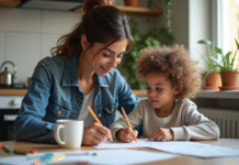 Femme et fille dessinant à la cuisine chaleureuse