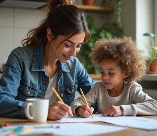 Femme et fille dessinant à la cuisine chaleureuse