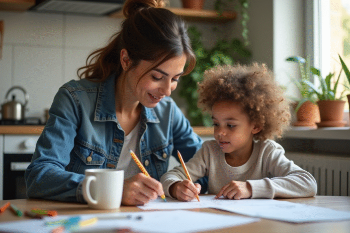 Femme et fille dessinant à la cuisine chaleureuse