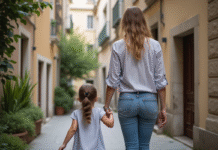 Femme et fille marchant dans une rue parisienne