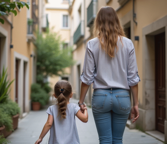 Femme et fille marchant dans une rue parisienne