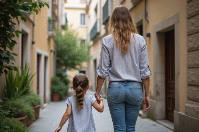 Femme et fille marchant dans une rue parisienne